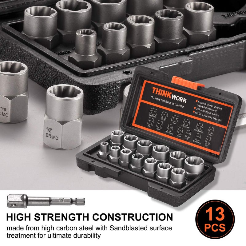 THINKWORK Bolt Extractor Kit, 13+1 Pieces Nut Extractor Socket Set, 3/8" Drive Rounded Bolt Remover, Lug Nut Removal Tool for Damaged, Rusted, Rounded-Off, Stripped Fasteners - Image 2