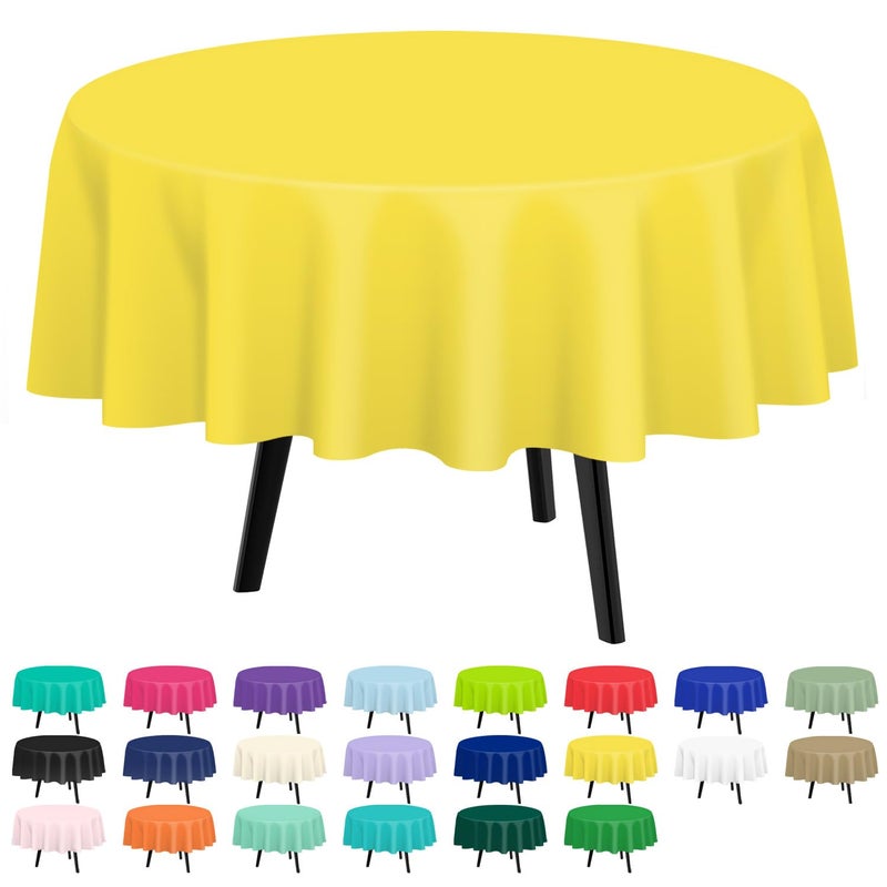 QIKSION Yellow Round Tablecloth 2 Pack, 84 Inch Plastic Table Cover Disposable for Parties - Image 1