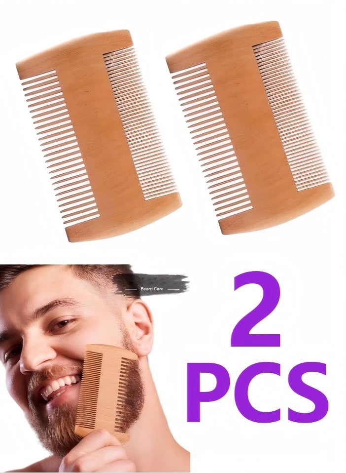 2PCS Beard Comb Natural Sandalwood Wooden Mustaches with Dual Action Teeth for Men - Image 1
