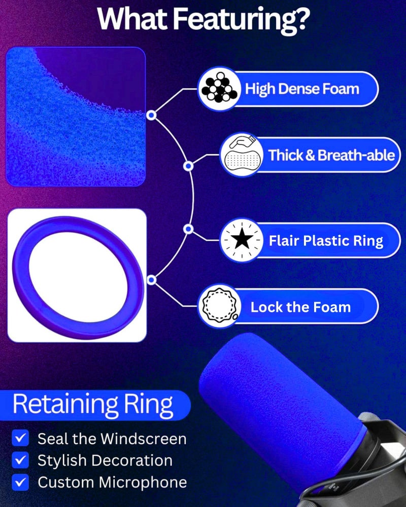 RhymKawa SM7b Pop Filter for Shure SM7B, SM7dB Microphone Foam Windscreen with Retainer Ring RK345 Colored Replacement (Blue) - Image 2