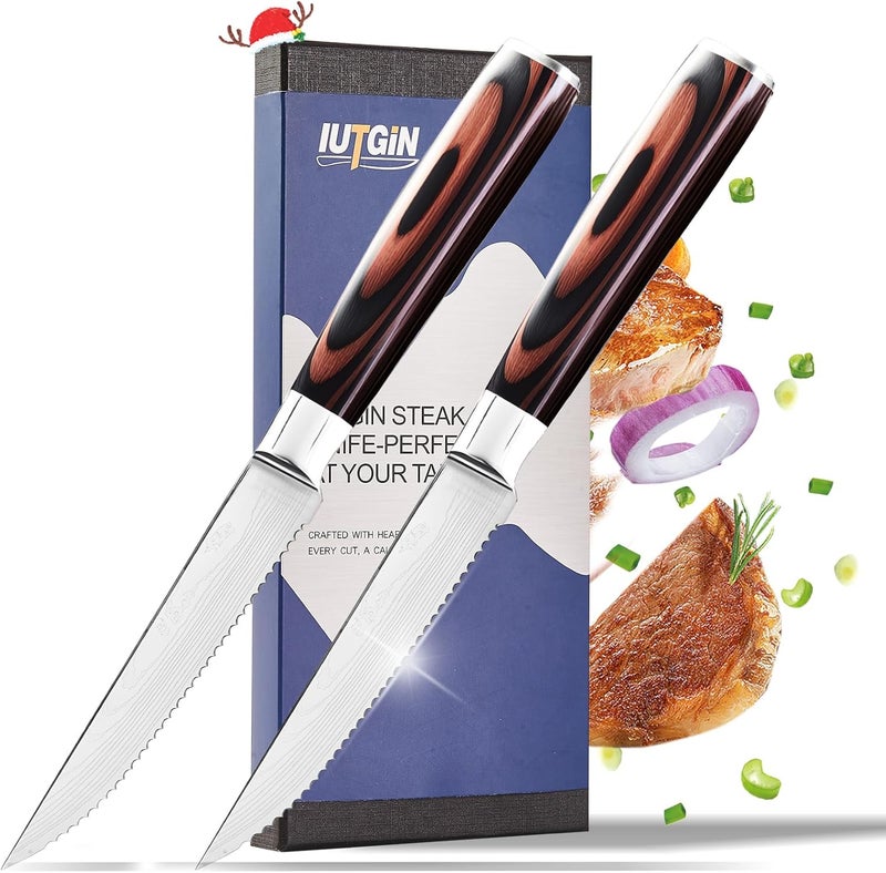 iutgin Steak Knives Set of 2, 4.5 Inch Serrated Razor-Sharp Durable Steak Knife, Japanese Stainless Steel Steak Knives Set with Ergonomic Wood Handle and Gift Box - Image 1