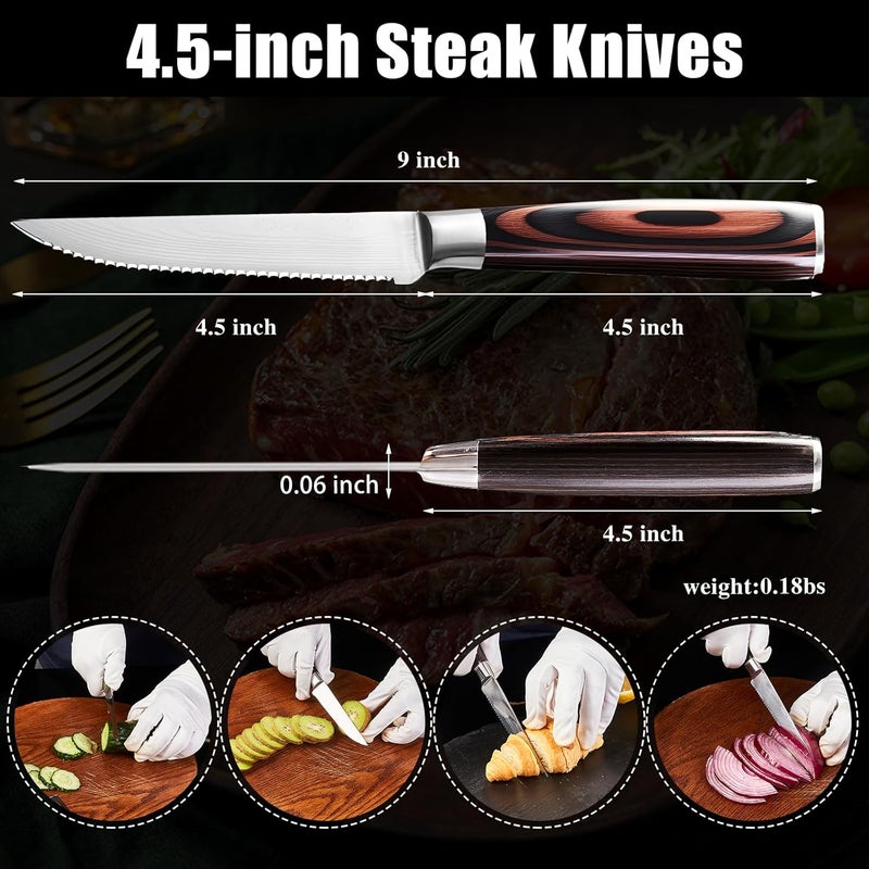 iutgin Steak Knives Set of 2, 4.5 Inch Serrated Razor-Sharp Durable Steak Knife, Japanese Stainless Steel Steak Knives Set with Ergonomic Wood Handle and Gift Box - Image 2