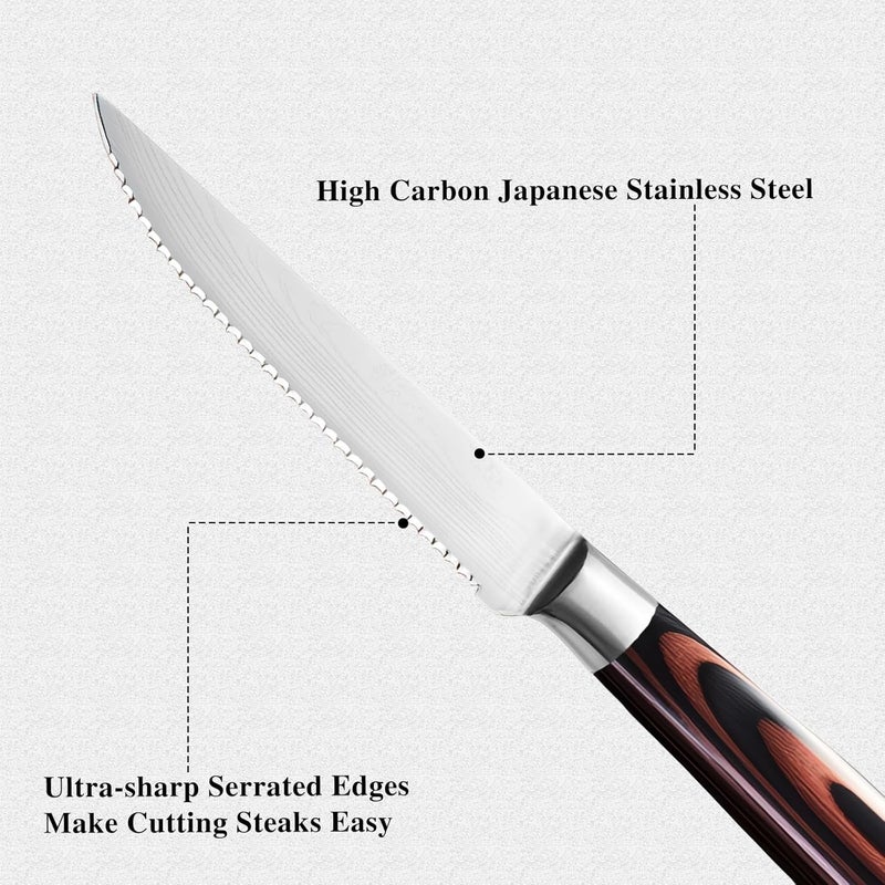 iutgin Steak Knives Set of 2, 4.5 Inch Serrated Razor-Sharp Durable Steak Knife, Japanese Stainless Steel Steak Knives Set with Ergonomic Wood Handle and Gift Box - Image 3