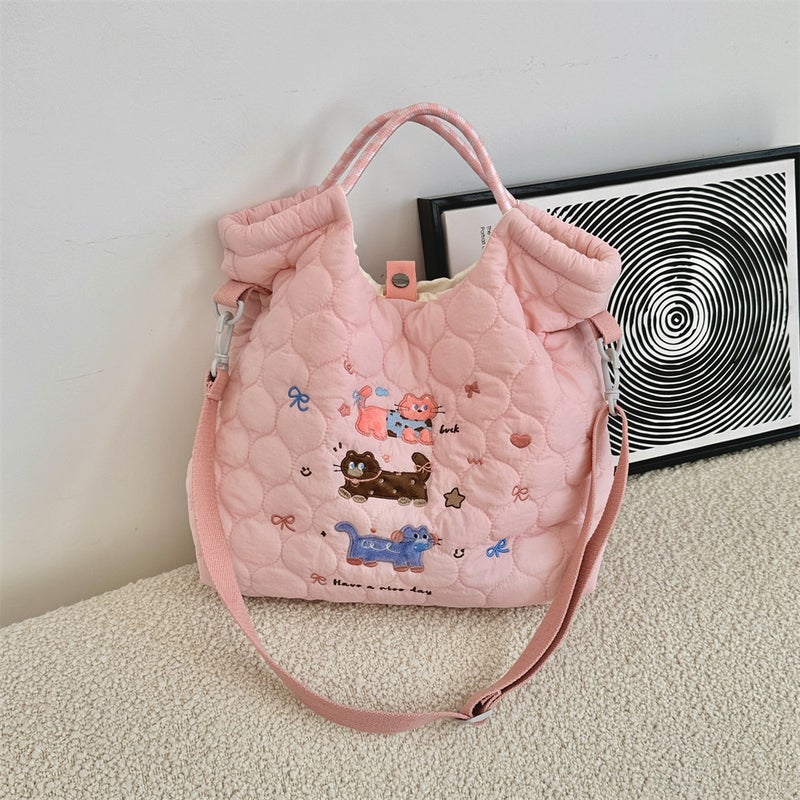 49272 Cartoon Embroidered Soft Cute Crossbody Bag Large Capacity Shoulder Handbag Quilted Cotton Commuter Handbag - Image 1