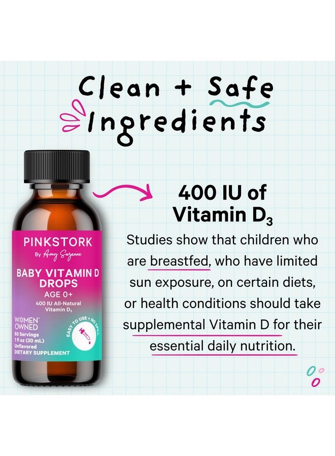 Pink Stork قطرات فيتامين د السائلة من بينك ستورك للأطفال، 400 وحدة دولية من فيتامين د3 للمواليد والأطفال لدعم نمو العظام ووظيفة المناعة الصحية - 1 أونصة سائلة، إمداد لمدة شهرين - Image 3