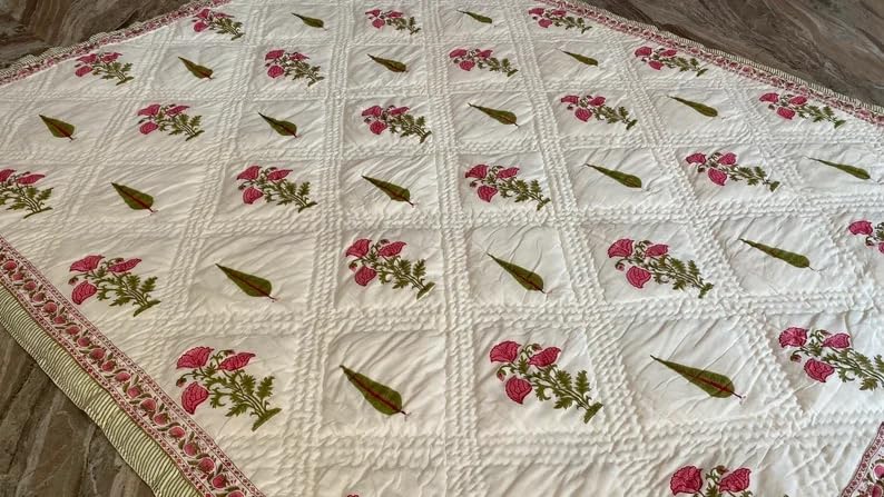 FEELRAX FEELRAX Jaipuri Razai Traditional Hand Stitched Hand Block Print Green Cypress and Pink Flower Print Blanket Reversible Bedding Quilt Breathable Summer and Winter Double Bed 90X108 INCHES  - Image 4