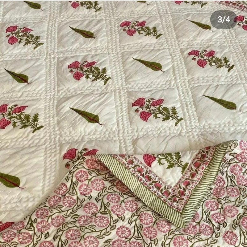 FEELRAX FEELRAX Jaipuri Razai Traditional Hand Stitched Hand Block Print Green Cypress and Pink Flower Print Blanket Reversible Bedding Quilt Breathable Summer and Winter Double Bed 90X108 INCHES  - Image 1