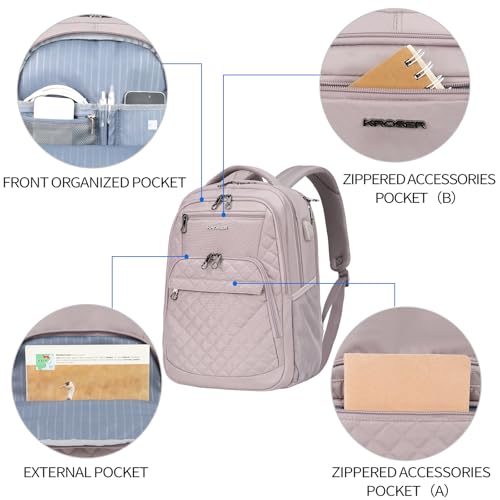 KROSER Travel Laptop Backpack 17 Inch Large Computer Backpack Water-Repellent Daypack with USB Charging Port & Headphone Interface RFID Pockets for Work/Business/College/Men/Women Dusty Pink(Quilted) - Image 2