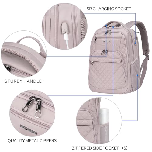 KROSER Travel Laptop Backpack 17 Inch Large Computer Backpack Water-Repellent Daypack with USB Charging Port & Headphone Interface RFID Pockets for Work/Business/College/Men/Women Dusty Pink(Quilted) - Image 3