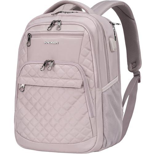 KROSER Travel Laptop Backpack 17 Inch Large Computer Backpack Water-Repellent Daypack with USB Charging Port & Headphone Interface RFID Pockets for Work/Business/College/Men/Women Dusty Pink(Quilted) - Image 1