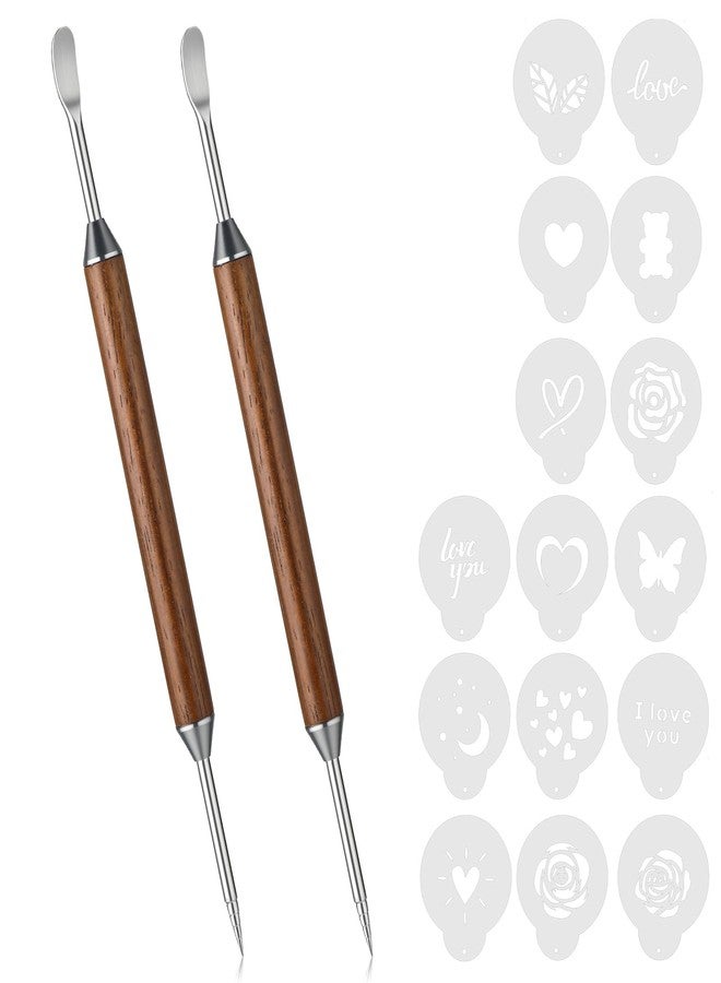YBEATY 2PCS Latte Art Pen Set Coffee Drawing Tool with Wood Handle Latte Art Pen with Coffee ArtStencils Double-Ended Barista Accessories for CoffeeBar Creating Professional Espresso Tools Home Cafe - Image 1