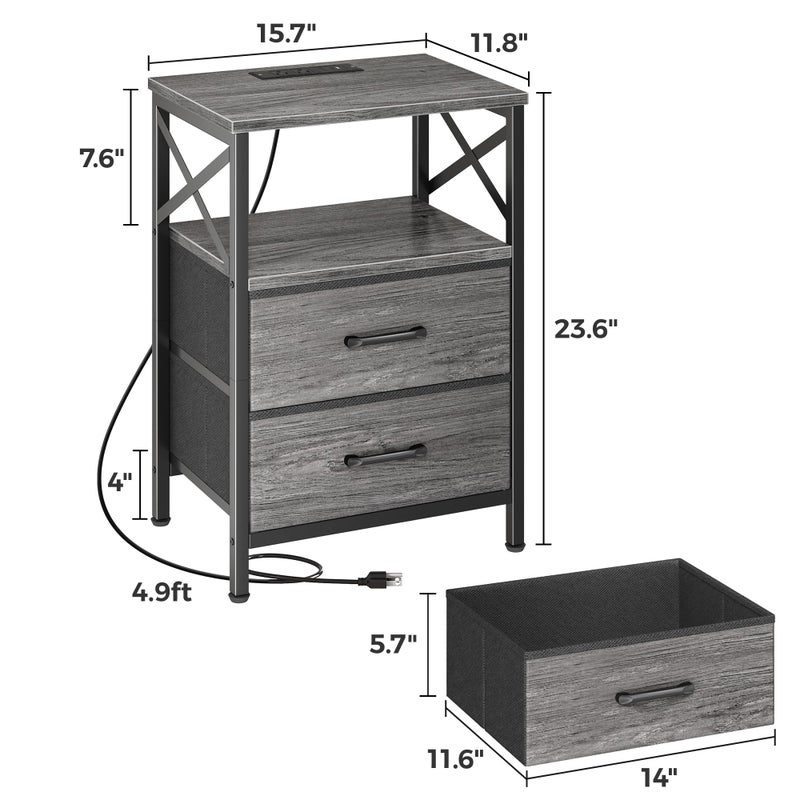 Huuger Nightstands Set of 2, Night Stand with Charger Station, 2 Drawer Side Table with Open Shelf, USB-C Port, End Table for Small Spaces, X Shaped Side Rail, Grey - Image 3