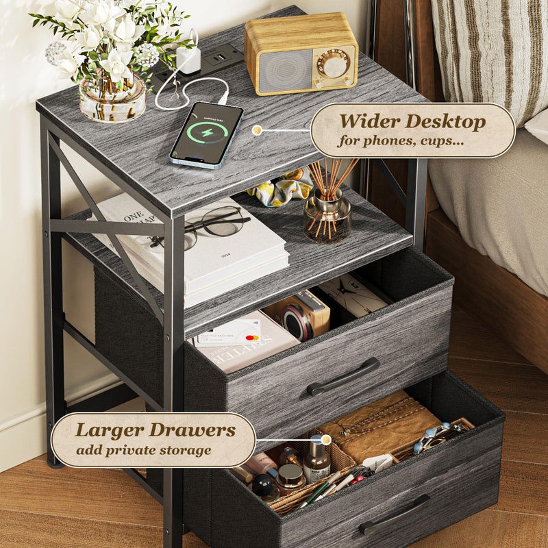 Huuger Nightstands Set of 2, Night Stand with Charger Station, 2 Drawer Side Table with Open Shelf, USB-C Port, End Table for Small Spaces, X Shaped Side Rail, Grey - Image 5