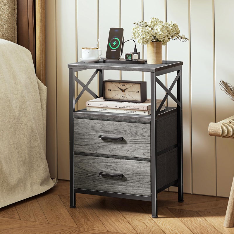 Huuger Nightstands Set of 2, Night Stand with Charger Station, 2 Drawer Side Table with Open Shelf, USB-C Port, End Table for Small Spaces, X Shaped Side Rail, Grey - Image 2