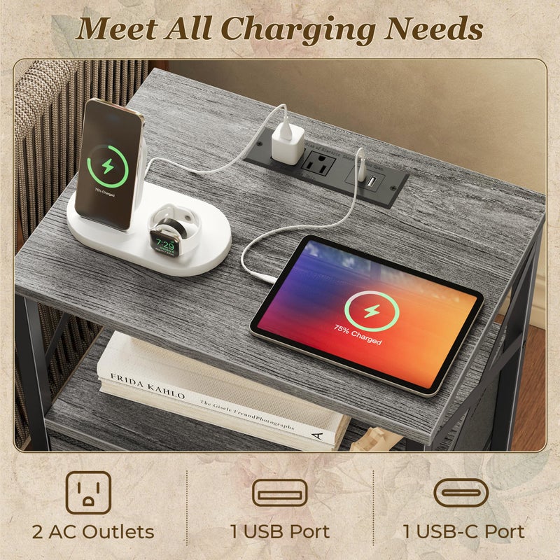 Huuger Nightstands Set of 2, Night Stand with Charger Station, 2 Drawer Side Table with Open Shelf, USB-C Port, End Table for Small Spaces, X Shaped Side Rail, Grey - Image 4