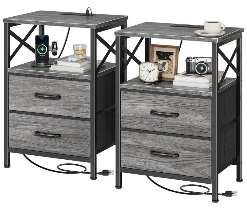 Huuger Nightstands Set of 2, Night Stand with Charger Station, 2 Drawer Side Table with Open Shelf, USB-C Port, End Table for Small Spaces, X Shaped Side Rail, Grey - Image 1