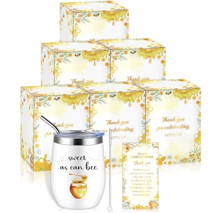 Hoolerry 6 Set Baby Shower Game Prizes for Guests Winners 12 oz Insulated Stainless Steel Tumbler Cup with Lids, Straws, Cleaning Brush, Cards & Boxes Return Gifts(Yellow,Bee Honey)