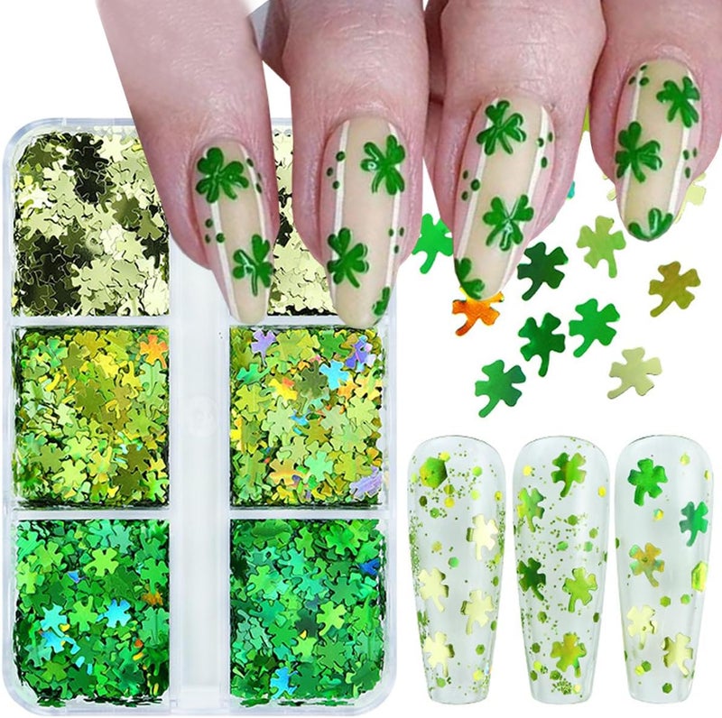 6Grids St. Patrick's Day Nail Art Glitter Sequins Kit - 3D Clover Nail Sequins Nail Stickers Decal Green Shamrock Irish Luck Shaped Design Holographic Flakes DIY St. Patrick's Day Manicure Accessories