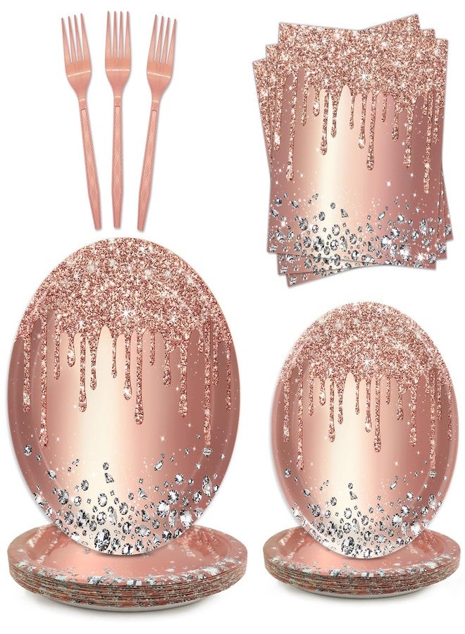 Oigco Rose Gold Party Plates and Napkins Set - Pink Birthday Decorations, Diamond Theme Supplies - Serves 24 Guests - Image 1