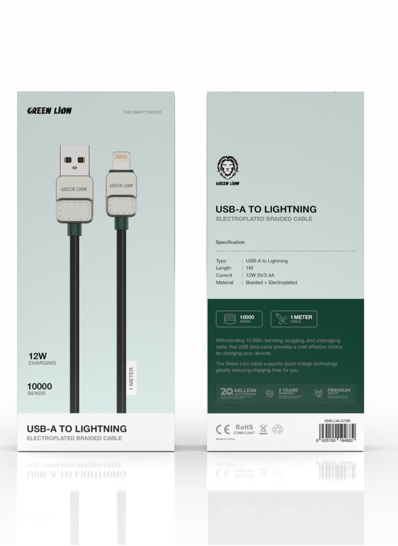GREEN LION USB A to Lightning Cable Electroplated and Braided 1m 12W / 480Mbps Transfer Speed / Wide Compatibility / Secure & Safe Cord / Charge & Sync - Black/Dark Green  - Image 2