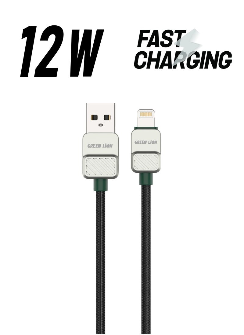 GREEN LION USB A to Lightning Cable Electroplated and Braided 1m 12W / 480Mbps Transfer Speed / Wide Compatibility / Secure & Safe Cord / Charge & Sync - Black/Dark Green  - Image 1