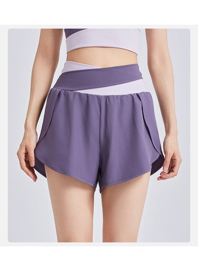 Colorblocking Fake Two Piece Yoga Shorts Nude Anti-Shine Sports Shorts Running Fitness Pants Female - Image 2