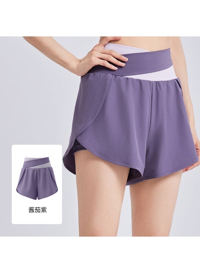 Colorblocking Fake Two Piece Yoga Shorts Nude Anti-Shine Sports Shorts Running Fitness Pants Female - Image 1