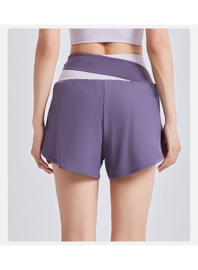 Colorblocking Fake Two Piece Yoga Shorts Nude Anti-Shine Sports Shorts Running Fitness Pants Female - Image 4