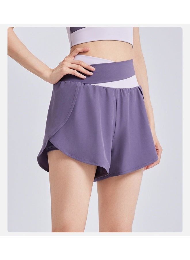 Colorblocking Fake Two Piece Yoga Shorts Nude Anti-Shine Sports Shorts Running Fitness Pants Female - Image 3