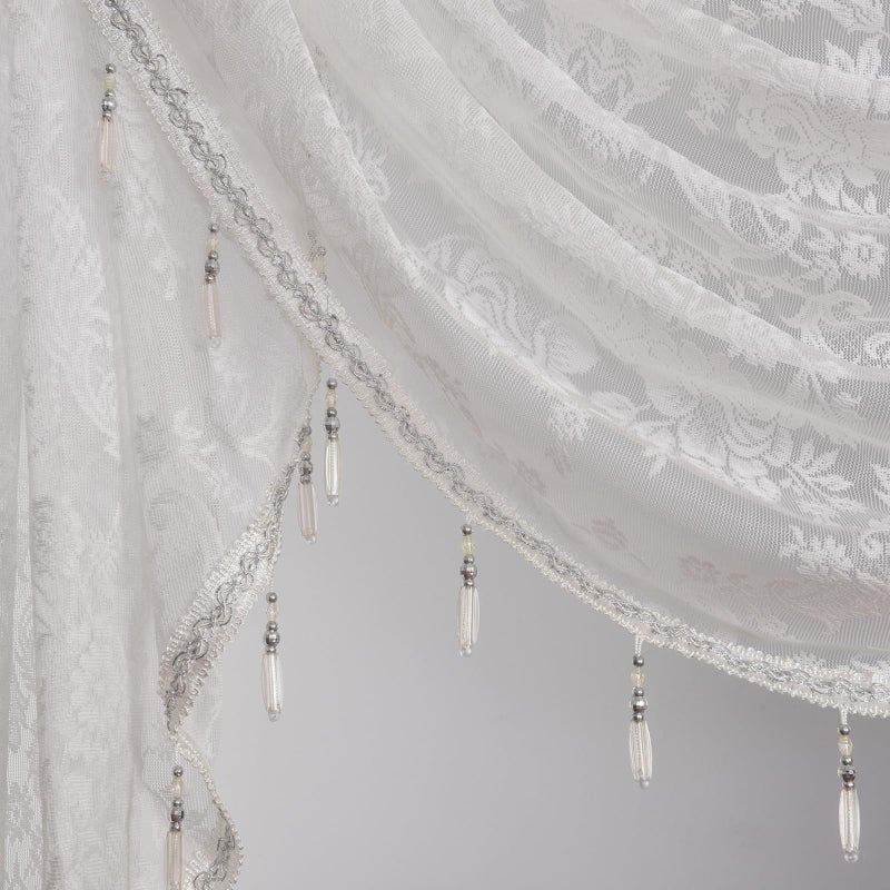 Huierxun White Lace Waterfall Window Valance with Bead Tassels Floral Embroidered Valance Curtains Semi Sheer Rod Pocket Valance for Bedroom/Living Room/Kitchen/Basement (White,59"x41") - Image 4