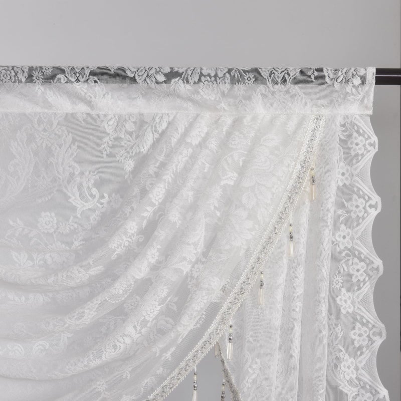 Huierxun White Lace Waterfall Window Valance with Bead Tassels Floral Embroidered Valance Curtains Semi Sheer Rod Pocket Valance for Bedroom/Living Room/Kitchen/Basement (White,59"x41") - Image 3