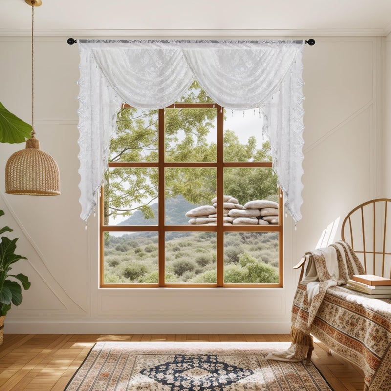 Huierxun White Lace Waterfall Window Valance with Bead Tassels Floral Embroidered Valance Curtains Semi Sheer Rod Pocket Valance for Bedroom/Living Room/Kitchen/Basement (White,59"x41") - Image 2