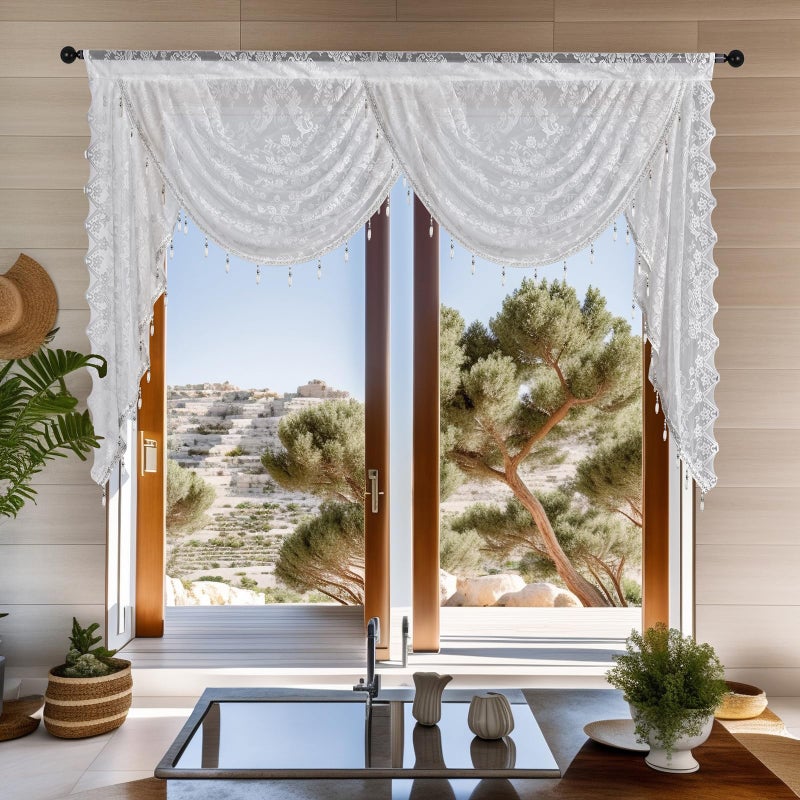 Huierxun White Lace Waterfall Window Valance with Bead Tassels Floral Embroidered Valance Curtains Semi Sheer Rod Pocket Valance for Bedroom/Living Room/Kitchen/Basement (White,59"x41") - Image 1