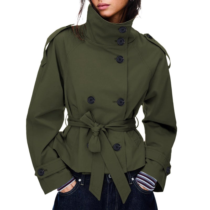 Maohao Women's Cropped Trench Coat Double Breasted Short Jacket High Collar Fall Winter Coats Trendy Outfit with Belt(Dark-Green,S) - Image 1