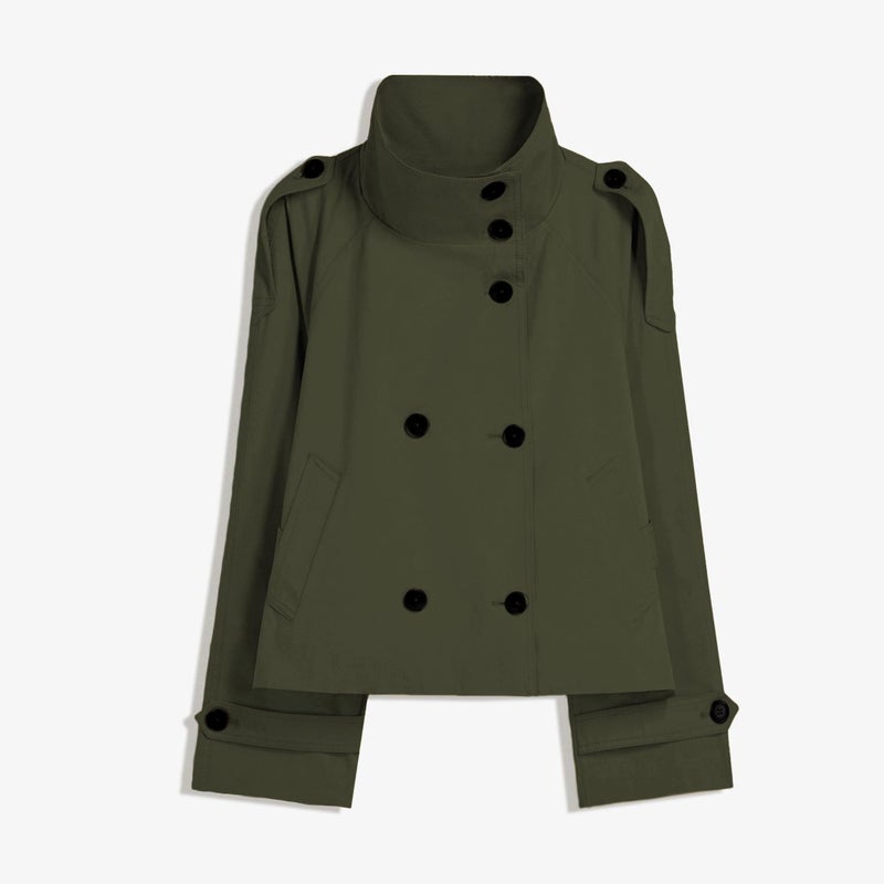 Maohao Women's Cropped Trench Coat Double Breasted Short Jacket High Collar Fall Winter Coats Trendy Outfit with Belt(Dark-Green,S) - Image 5