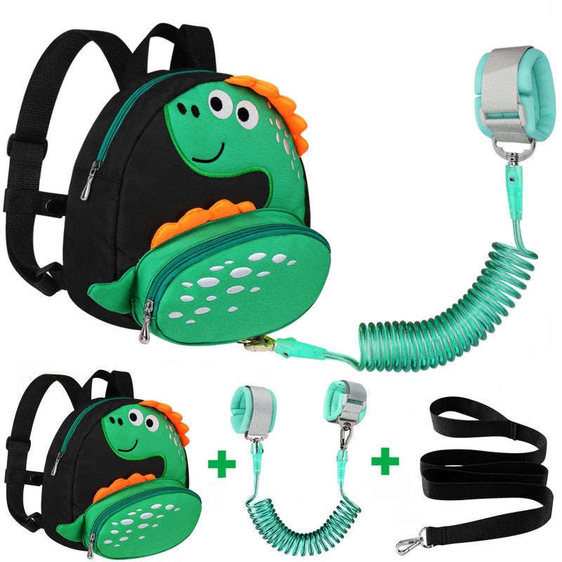 Accmor Toddler Backpack Harness with Safety Leash Cute Dinosaur Harnesses with Kids Anti Lost Wrist Link Mini Child Schoolbag with Wristband Tether Strap and Protection Leashes for Baby boys Black