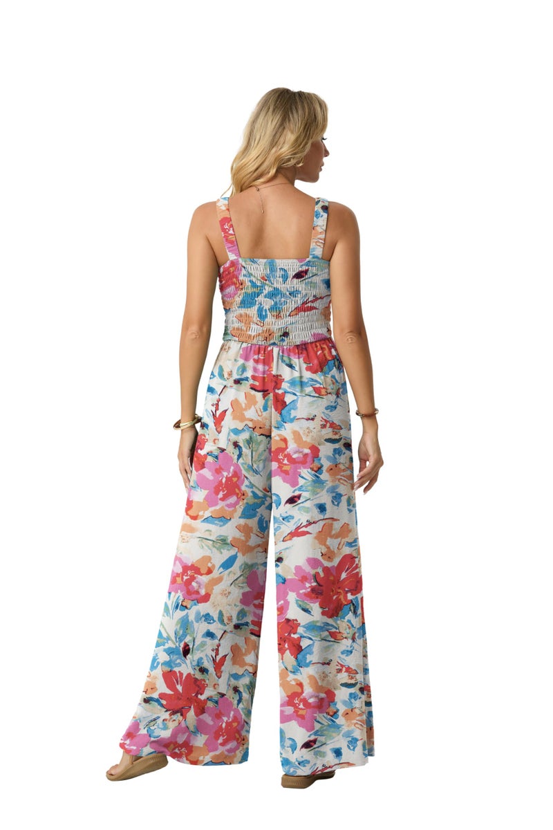Lepunuo Jumpsuits for Women Casual One Piece Overalls Smocked Wide Leg Long Rompers With Pockets Beach Vacation - Image 4
