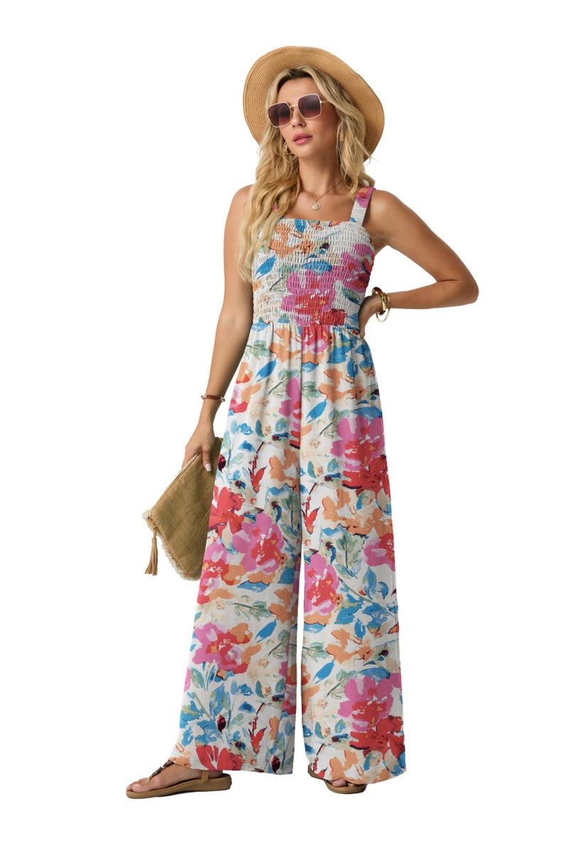 Lepunuo Jumpsuits for Women Casual One Piece Overalls Smocked Wide Leg Long Rompers With Pockets Beach Vacation - Image 3