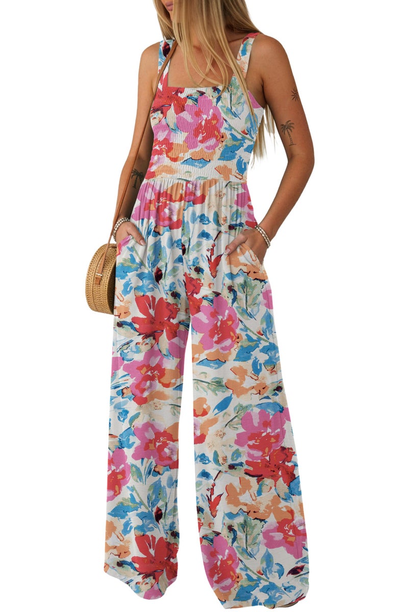 Lepunuo Jumpsuits for Women Casual One Piece Overalls Smocked Wide Leg Long Rompers With Pockets Beach Vacation - Image 1