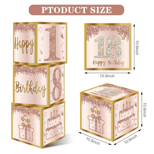 Guiruiy 3Pcs 18th Birthday Decorations Boxes for Girls Women, Pink Rose Gold 18th Birthday Balloons Boxes Party Supplies, Pink Eighteen Year Old Bday Theme Cardboard Box Decor - Image 2