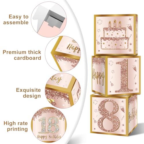 Guiruiy 3Pcs 18th Birthday Decorations Boxes for Girls Women, Pink Rose Gold 18th Birthday Balloons Boxes Party Supplies, Pink Eighteen Year Old Bday Theme Cardboard Box Decor - Image 3