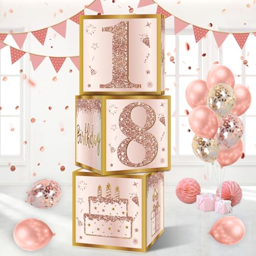 Guiruiy 3Pcs 18th Birthday Decorations Boxes for Girls Women, Pink Rose Gold 18th Birthday Balloons Boxes Party Supplies, Pink Eighteen Year Old Bday Theme Cardboard Box Decor - Image 1