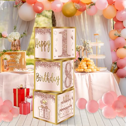 Guiruiy 3Pcs 18th Birthday Decorations Boxes for Girls Women, Pink Rose Gold 18th Birthday Balloons Boxes Party Supplies, Pink Eighteen Year Old Bday Theme Cardboard Box Decor - Image 5