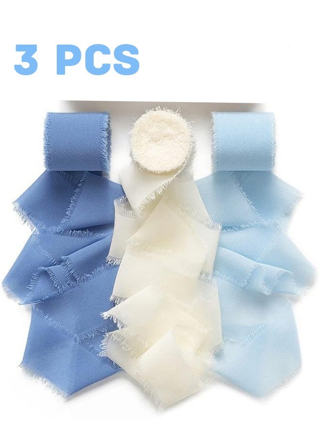 Unewshi 3 Rolls Handmade Blue Ribbon Chiffon Silk Ribbon 1 1/2 Inch x 21Yd Handmade Frayed Edge White Dusty Blue Ribbons for Gift Wrapping Bridal Bouquets Baby Shower Wedding Invitations(4cm*5m)  - Image 1