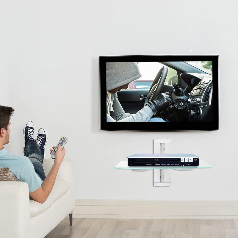 Suptek رفوف زجاجية عائمة، حامل تلفاز مع رف لمشغل DVD / PS4 / صناديق الكابلات / وحدات التحكم في الألعاب / صندوق Sky / ملحقات التلفاز، رف وسائط، حامل حائط مسطح، رف بطبقة واحدة، فضي - Image 2