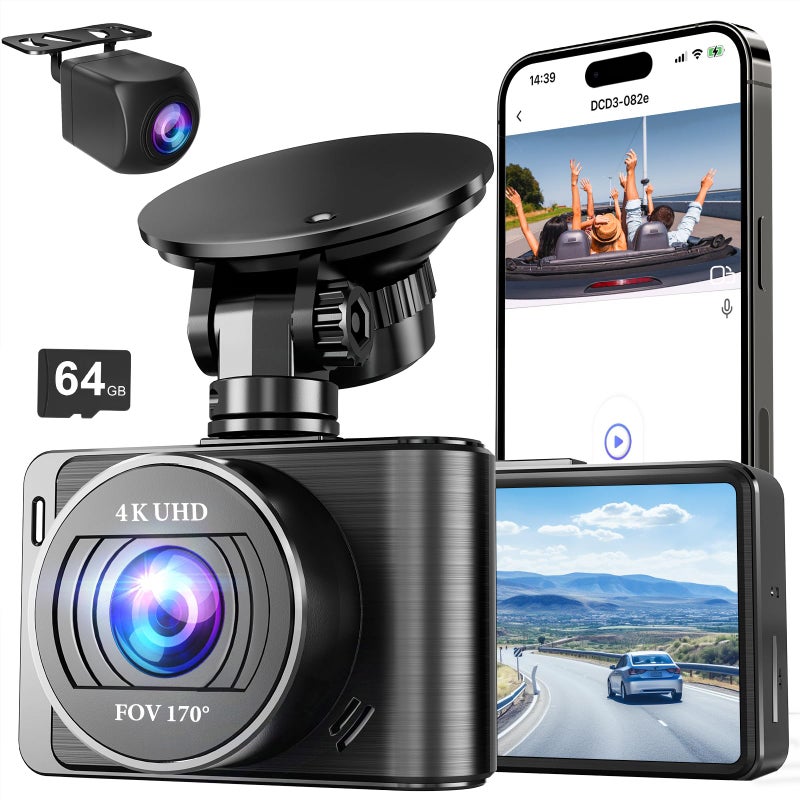 Nezion Dash Camera, 4K/1080p Dash Camera Front and Rear, Built-in 5GWiFi, Dash Cam with 64GB SD Card, Full HD 2.0â€ IPS Screen, for App Control, G-Sensor, Loop Recording, and Parking Mode - Image 1
