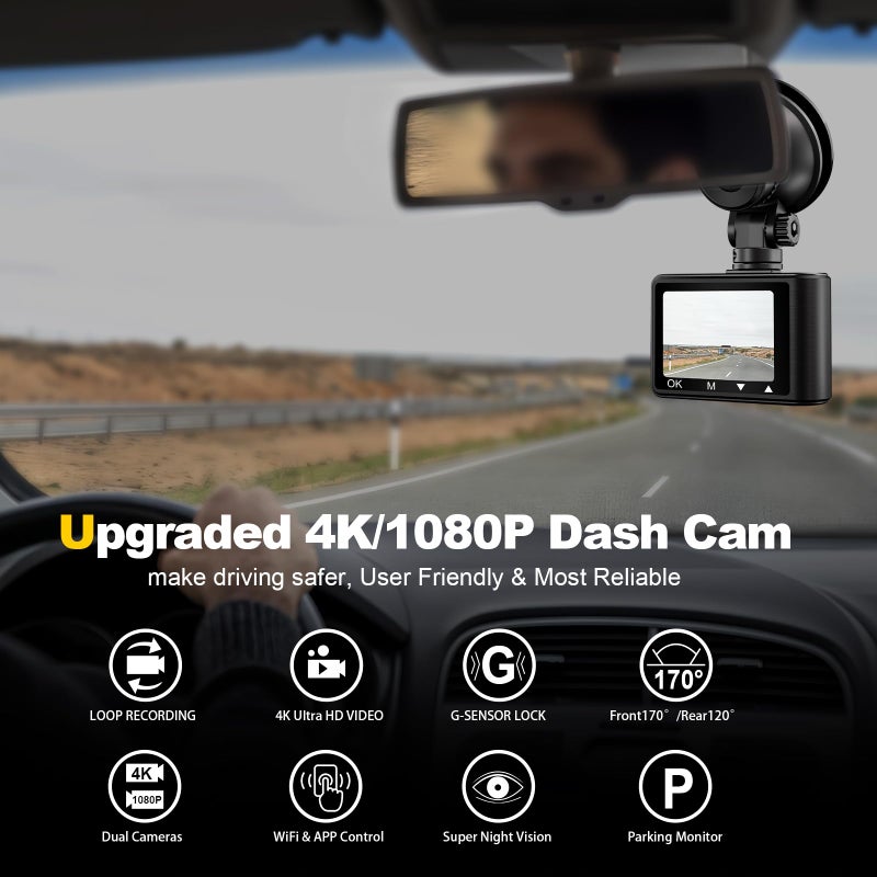 Nezion Dash Camera, 4K/1080p Dash Camera Front and Rear, Built-in 5GWiFi, Dash Cam with 64GB SD Card, Full HD 2.0â€ IPS Screen, for App Control, G-Sensor, Loop Recording, and Parking Mode - Image 2