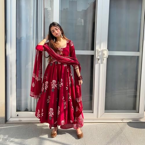 ANNI DESIGNER كورتا بالازو مطبوعة أناركالي من تصميم ANNI للنساء من رايون فيسكوز مع دوبتة (جيانا مارون-VKS01_L_Mارون_Large) - Image 3