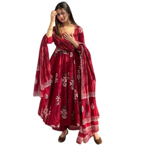 ANNI DESIGNER كورتا بالازو مطبوعة أناركالي من تصميم ANNI للنساء من رايون فيسكوز مع دوبتة (جيانا مارون-VKS01_L_Mارون_Large) - Image 1