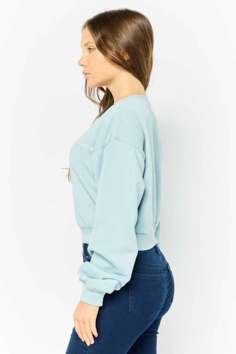 NIA Women Crew Neck Embroidered Sweatshirt, Light Blue - Image 3